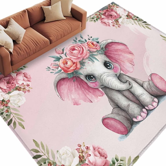Pink Elephant Area Rugs Collection 5'x7', Cute Wildlife Animals Watercolor Flowers Non Slip Indoor Rectangle Throw Runner Rug Floor Mat Carpet for Living Room Dining Table Bedroom Nursery