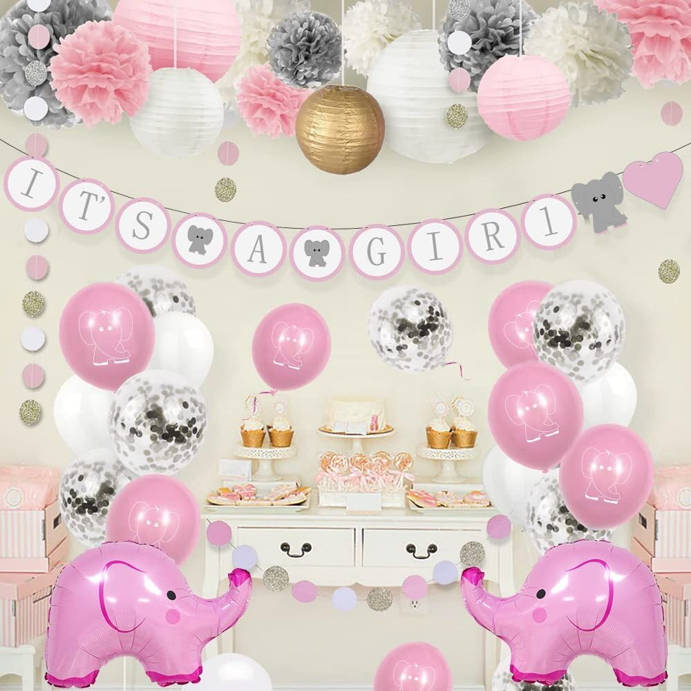 Pink Elephant Baby Shower Decorations for Girl, Elephant Baby Decorations  with It's a Girl Banner, Elephants Theme Balloons for Pink and White  Elephant Baby Girl Shower 