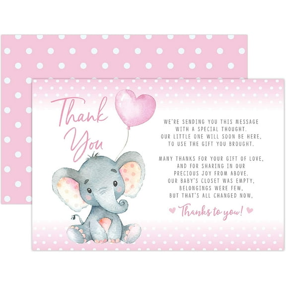 Pink Elephant Baby Shower, Thank You Cards 20 Count Pre-written Thank You Cards, Baby Sprinkle Pink Dots