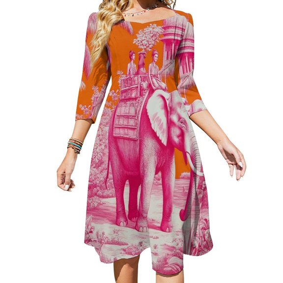 Pink Elephant Carries Riders through Jungle Womens Summer Dress Tie Back A Line Flare Dress
