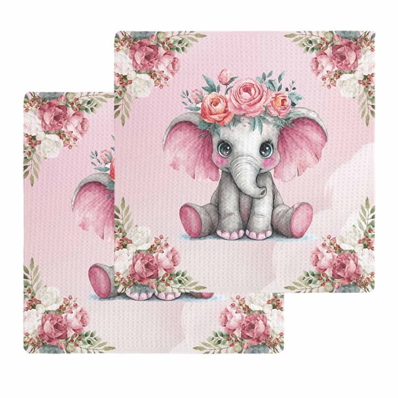 Pink Elephant Kitchen Dish Towels for Drying Dishes Set of 2, Cute Wildlife Animals Watercolor Flowers Waffle Weave Microfiber Hand Tea Bathroom Towels Quick Dry & Absorbent Towel 12x12