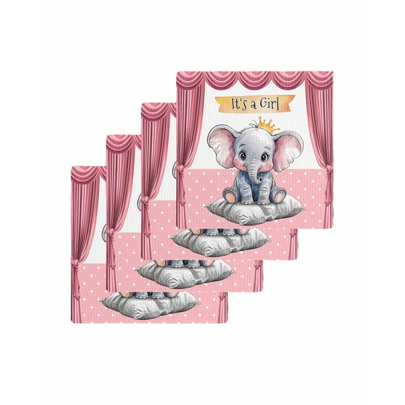 Pink Elephant Kitchen Dish Towels for Drying Dishes Set of 4, Watercolor Cute Cartoon Animals Waffle Weave Microfiber Terry Hand Tea Bathroom Towels Quick Dry & Absorbent Towel 12x12