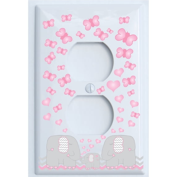 Pink Elephant Light Switch Plate and Outlet Covers/Elephant Nursery Decor with Grey and Pink Chevrons with Pink Hearts and Butterflies