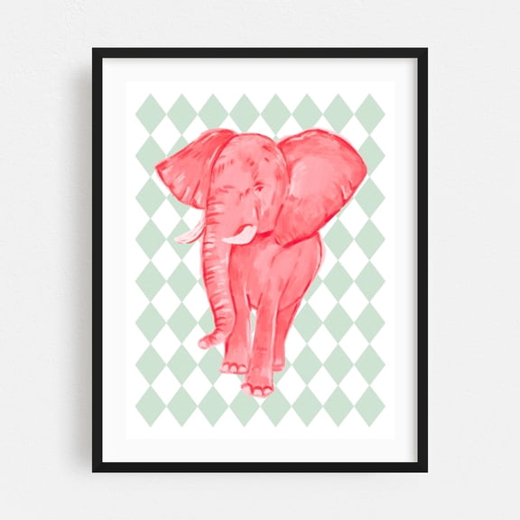 Pink Elephant - Mixed Media Watercolor Animal Pattern Geometric Illustration Whimsical Black Framed Wall Art Print 5 x 7 inches