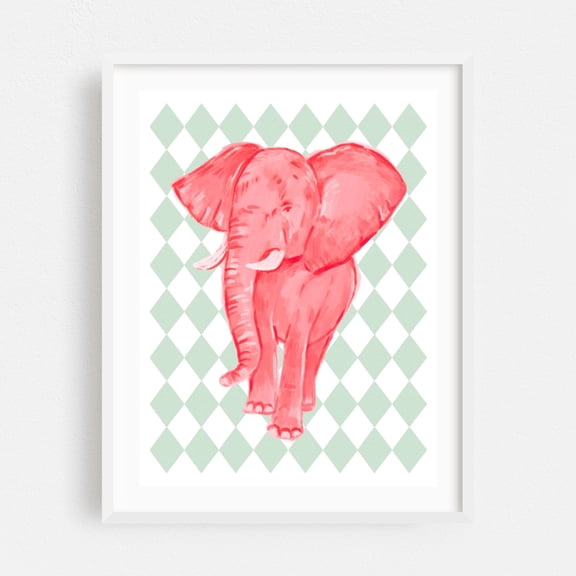 Pink Elephant - Mixed Media Watercolor Animal Pattern Geometric Illustration Whimsical White Framed Wall Art Print 16 x 20 inches