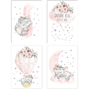 Pink Elephant Nursery Canvas Wall Decor Set of 4 Baby Girl Room Decor Elephant Wall Art Goodnight On A Hot Air Balloon |Dream Big Little One|Baby Room Wall Decor12"x16"Unframed