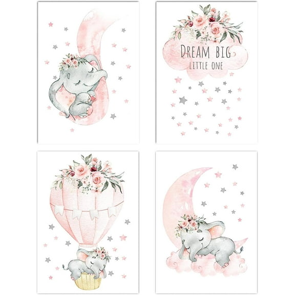 Pink Elephant Nursery Canvas Wall Decor Set of 4 Baby Girl Room Decor Elephant Wall Art Goodnight On A Hot Air Balloon |Dream Big Little one|(8x10in)(Unframed)