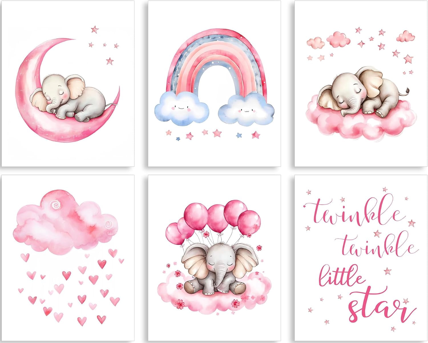 Pink Elephant Nursery Canvas Wall Decor Set of 6 Baby Girl Room Decor ...