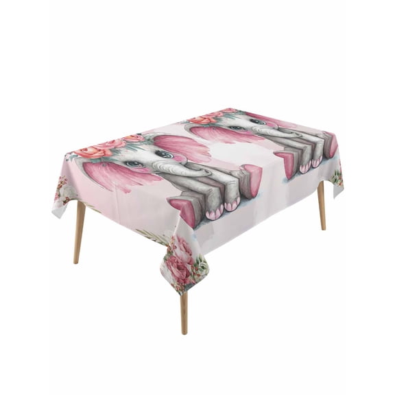 Pink Elephant Rectangle Tablecloth, Cute Wildlife Animals Watercolor Flowers Waterproof & StainResistant Tablecloth, Washable Oil-proof Table Cover for Dining/Party/Wedding/Camping/Buffet 60x120 In