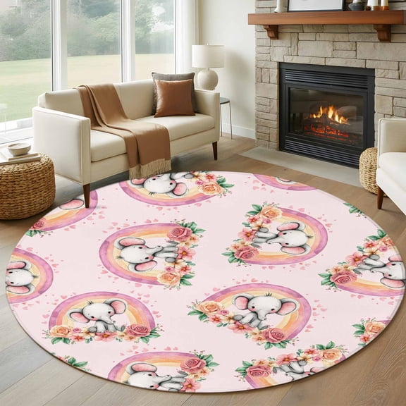 Pink Elephant Round Area Rug 6Ft Washable Circle Rugs for Bathroom Office, Spring Floral Botanical Cartoon Rainbow Non-Slip Carpet Floor Mats Indoor Outdoor Carpet Runner Aesthetic Home Decor