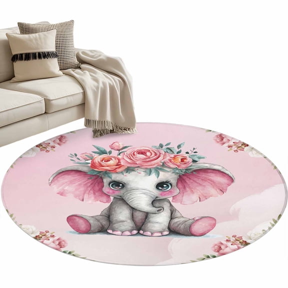 Pink Elephant Round Area Rugs Collection 3', Cute Wildlife Animals Watercolor Flowers Non Slip Indoor Circular Throw Runner Rug Floor Mat Carpet for Living Room Dining Table Bedroom Nursery