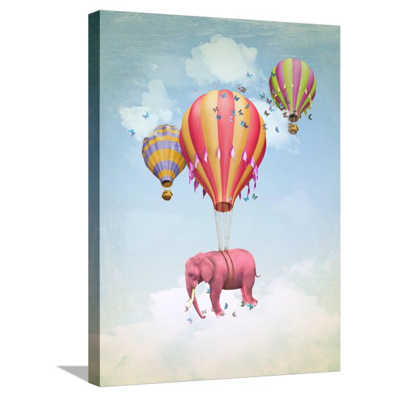 Art.com Pink Elephant in the Sky with Balloons. Illustration for a Card or Book Cover or Magazine. Computer Stretched Canvas Print Wall Art by Ganna Demchenko, 18" x 24"