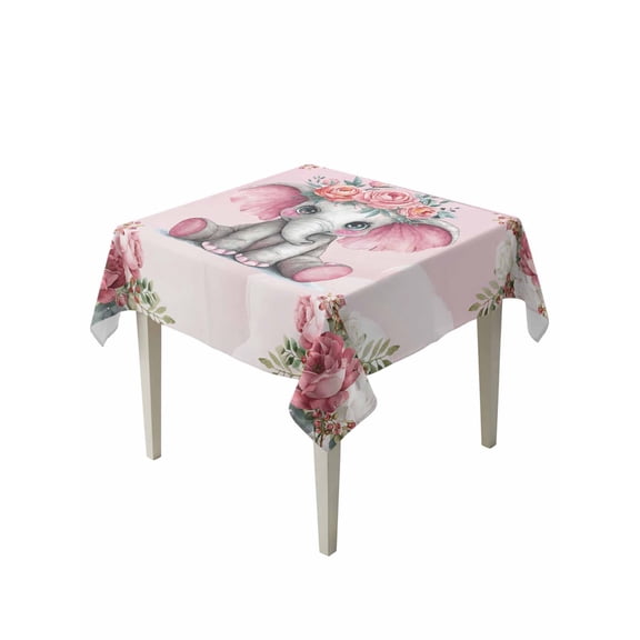Pink Elephant Table Cloth, Waterproof Tablecloth for Square Tables, Cute Wildlife Animals Watercolor Flowers Reusable Washable Fabric Table Cover for Restaurant Kitchen Dining Tables 54"x54"