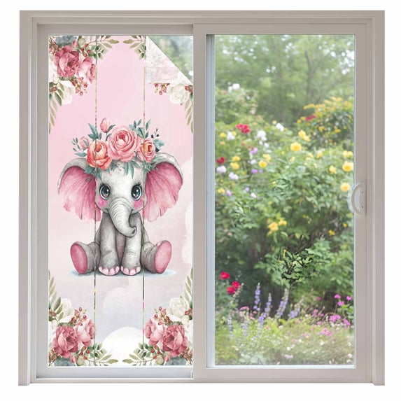 Pink Elephant Window Privacy Film, Cute Wildlife Animals Watercolor Flowers Static Cling UV Sun Blocking Heat Control Window Tint Day and Night, Non-Adhesive One Way Privacy Cover 35.4''x78.7''