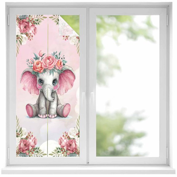 Pink Elephant Window Privacy Film, Cute Wildlife Animals Watercolor Flowers Static Cling UV Sun Blocking Heat Control Window Tint Day and Night, Non-Adhesive One Way Privacy Cover 19.6''x39.3''