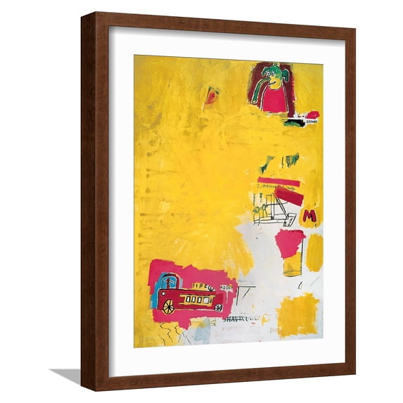 Art.com Pink Elephant with Fire Engine, 1984 Giclee Print by Jean-Michel Basquiat, Brown Frame Wall Art, 17" x 21"