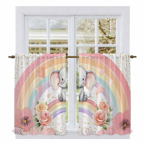 Pink Elephants Kitchen Curtain for Berdoom Living Room Cafe 54 Inch Length, Cute Rainbow Spring Floral Botanical Tiers Curtains Light Filtering Drapes Rod Pocket Window Treatment 2 Panels 52"Wx54"L