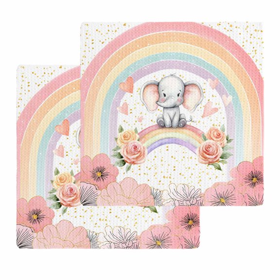 Pink Elephants Kitchen Dish Towels for Drying Dishes Set of 2, Cute Rainbow Spring Floral Botanical Waffle Weave Microfiber Hand Tea Bathroom Towels Quick Dry & Absorbent Towel 12x12