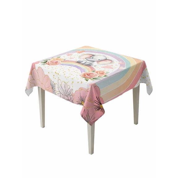 Pink Elephants Table Cloth, Waterproof Tablecloth for Square Tables, Cute Rainbow Spring Floral Botanical Reusable Washable Fabric Table Cover for Restaurant Kitchen Dining Tables 54"x54"