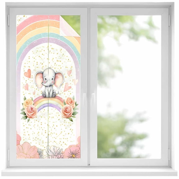 Pink Elephants Window Privacy Film, Cute Rainbow Spring Floral Botanical Static Cling UV Sun Blocking Heat Control Window Tint Day and Night, Non-Adhesive One Way Windows Privacy Cover 17.7''x39.3''