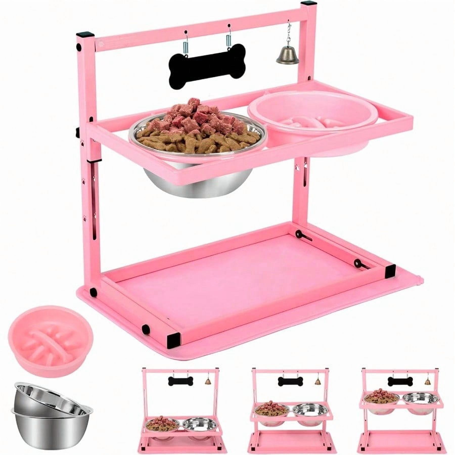 Pink Elevated Dog Bowl Stand With Two 1700ml Stainless Steel Food Bowls Slow Feeder And Spill Proof Mat Adjustable Feeder For Large Medium And Small Dogs