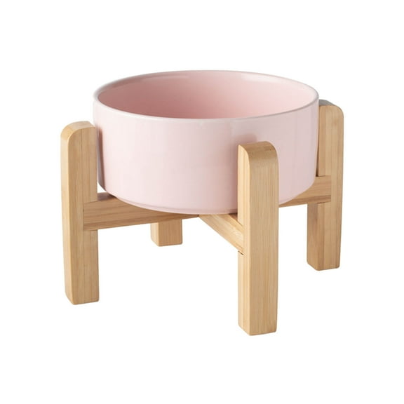 Pink Elevated/Raised Dog Bowl Ceramic with Wood Stand for Medium Large Breed,Dog Food Water Dish Heavy Weighted,Non Modern Cute Porcelain Pet Bowl Extra Large