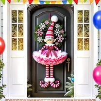 Pink Elf Girl Door Cover 71x35 Inch Christmas Banner for Front Door Outdoor Indoor Decoration Holiday Background with Striped Hat Skirt Snowflake Wreath Curls Shoes Red Bow Decoration