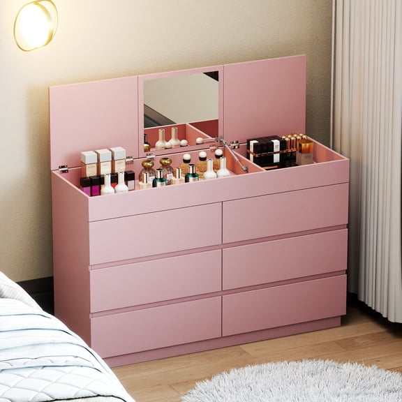 Pink Embossed Dresser Six Drawer Mirror Melamine Particle Board 47.24In Bedroom Vanity Smooth Gliding Scratch Resistant 107.8Lbs Room Chest of Drawers Storage Cabinet Organizer