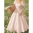 thumbnail image 1 of Pink Embossed Floral Midi Dress With Puff Sleeves Square Neck Fitted Waist, 1 of 8