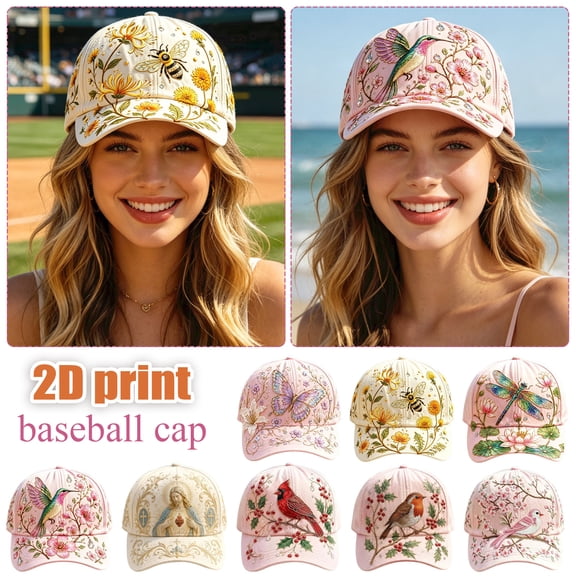 Pink Embroidered Robin Botanical Cap Rhinestone Accent Sun Hat Nature Design Casual Outdoor Hat Summer Accessory for Women 1 Pack