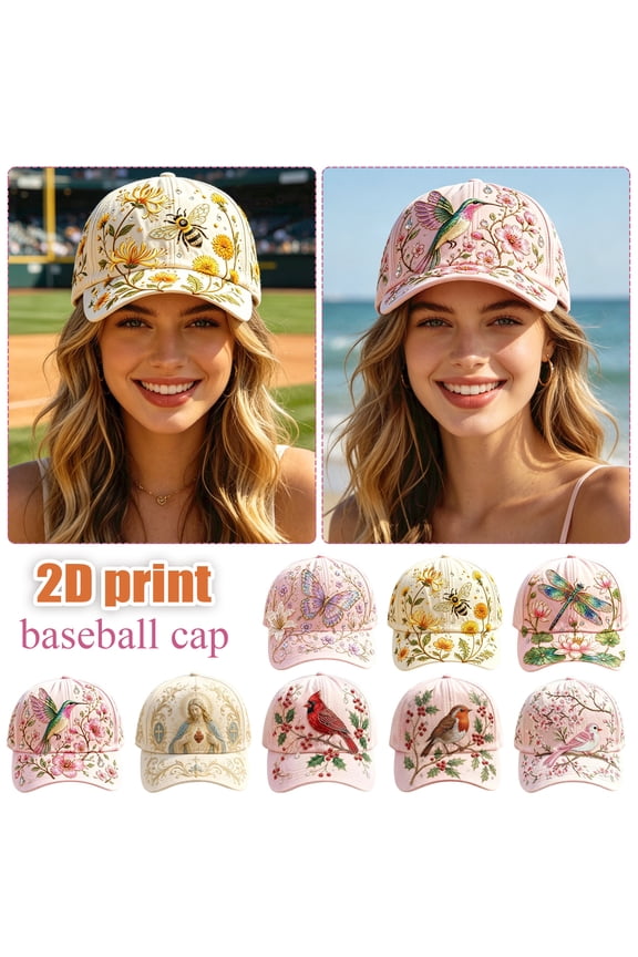 Pink Embroidered Robin Botanical Cap Rhinestone Accent Sun Hat Nature Design Casual Outdoor Hat Summer Accessory for Women 1 Pack