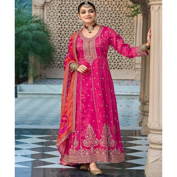 Pink Embroidered Silk Blend Anarkali Suit Set with Printed Dupatta | Festive Floor-Length Outfit for Women | Shivansh Creations