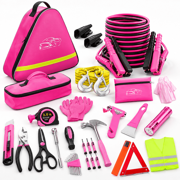 Pink Emergency Roadside Kit with Jumper Cables and Tools for Women