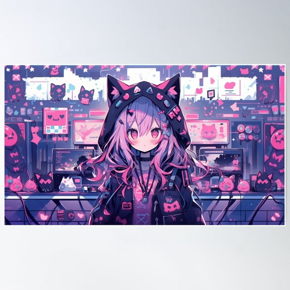 Pink Emo Gamer Neko Girl Poster Wall Art, Modern Wall Decor For Living Room Bedroom, 8x12 UNFRAMED