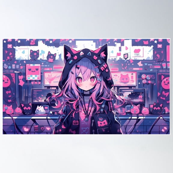 Pink Emo Gamer Neko Girl Poster Wall Art, UNFRAMED PAPER POSTER, Home Decor, Vintage Gift, Living Room Dercor