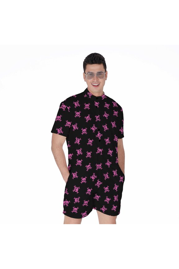 Pink Emo Skull Pattern Short Sleeve Men'S Rompers, Skull Lover Gifts Casual Summer Jumpsuits Outfit