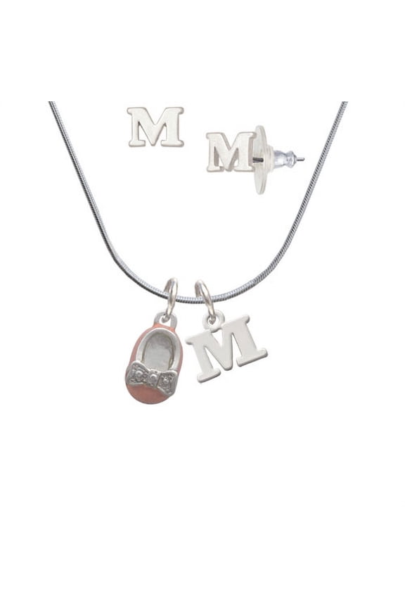 Pink Enamel Baby Shoe with Bow - M Initial Charm Necklace and Stud Earrings Jewelry Set