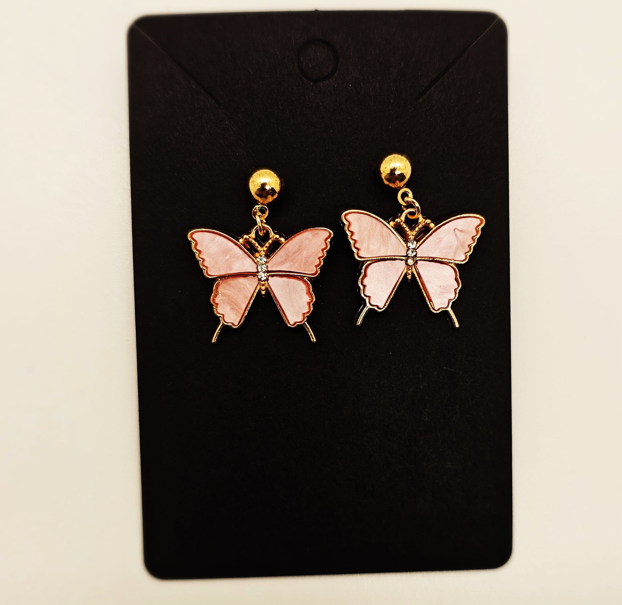 Pink Enamel Butterfly Earrings, Gold Tone