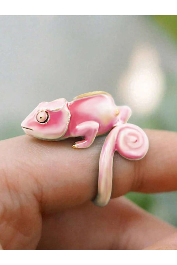 Pink Enamel Chameleon Animal Ring For Adults Fashion Jewelry Gift
