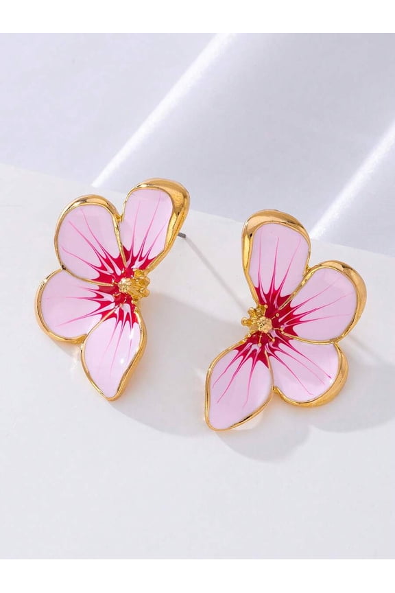 Pink Enamel Flower Stud Earrings With Goldtone Metal Frame