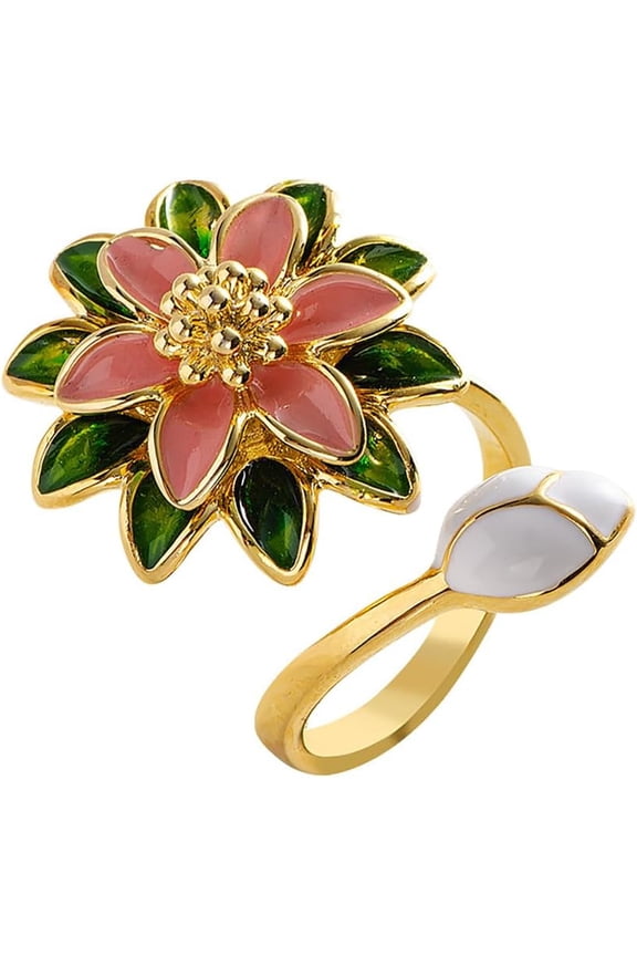 Pink Enamel Peony Flower Ring for Women Bohemian Floral Statement Ring Wrap Finger Band Promise Engagement Wedding Rings Elegant Jewelry