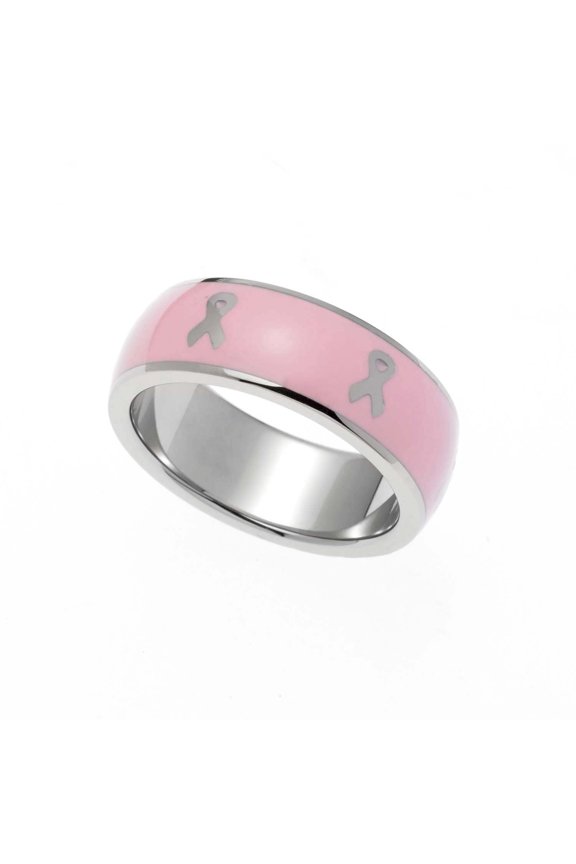 Pink Enamel Ribbon Stainless Steel Inspirational Ring