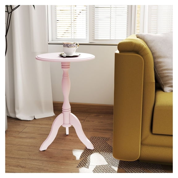 Pink End Table, Round Pedestal Side Table, Vintage Nightstand for Bedroom & Living Room - Small Wooden Accent Table for Entryway, Drink Table
