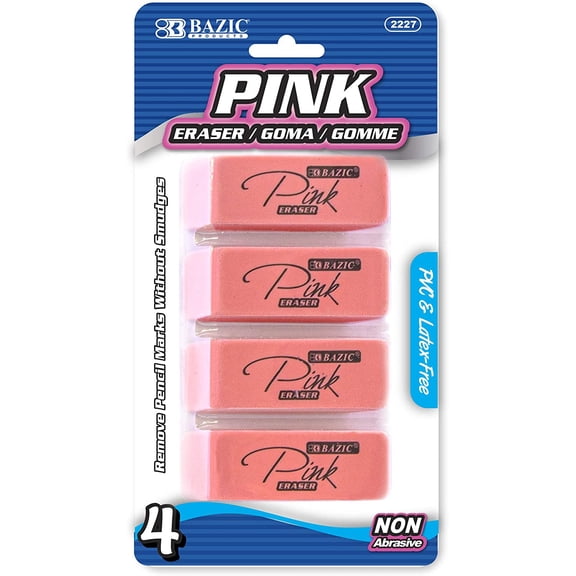 Pink Eraser, Latex Free Bevel Block Erasers, Large Size for Classroom, Office, and Art Use, Smooth Pencil Correction for Writing, Sketching, & Daily Tasks, 4/Pack, 1-Pack