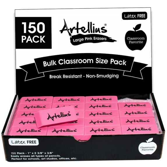 Artellius Teacher Supplies Erasers - Pink, Large 150-Count - Pencil Erasers for Kids & Classroom Use
