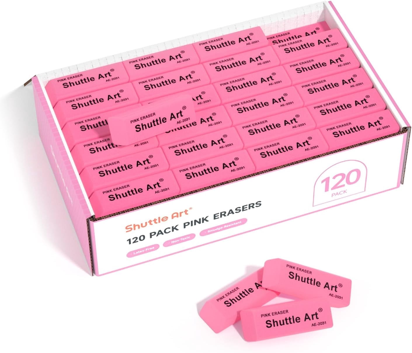 Pink Erasers, Shuttle Art 120 Pack Pink Erasers Bulk for Office, Latex-Free Soft Erasers as Office Supplies