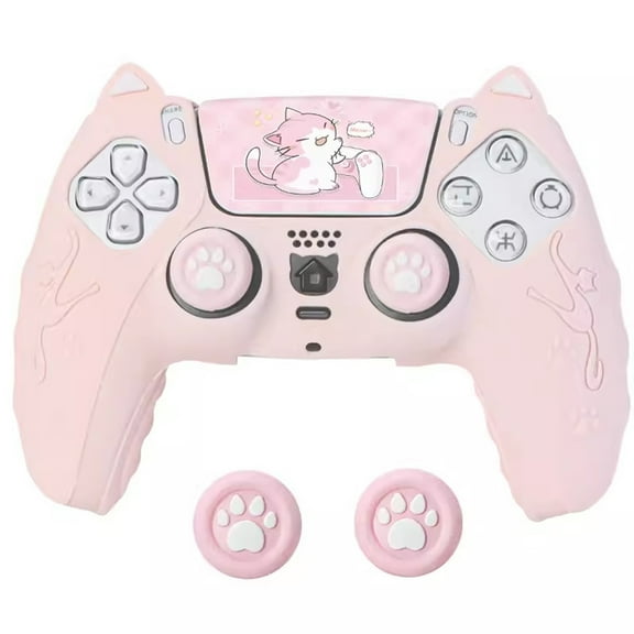 Pink Ergonomic Soft Anti-Slip Controller Silicone Case Cover for ps5, Rubber Protector Skins with Pink Joystick Caps for ps5 Controller