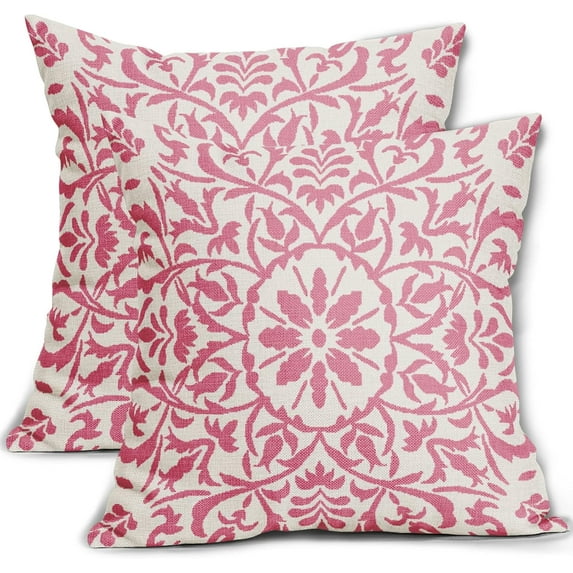 Pink Ethnic Boho Pillow Covers 16 X 16 Inch Bohemian Carpet Style Vintage Flower Print Decorative Throw Pillows Outdoor Linen Square Cushion Case Farmhouse Decor for Home Sofa Bed Set of 2