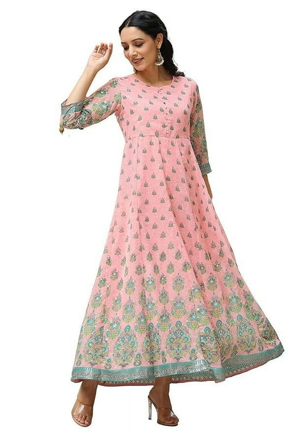 Pink Ethnic Motif Printed Georgette Anarkali Dress With Buttons