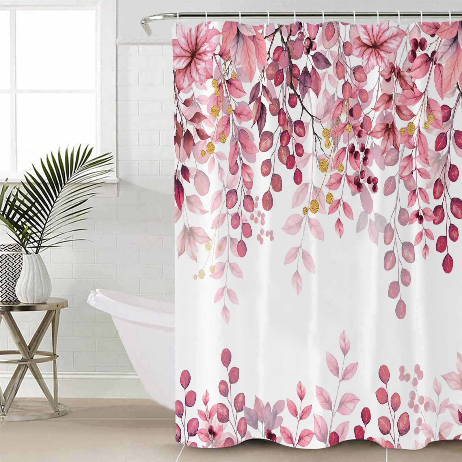 Pink Eucalyptus Bathroom Curtain 72 Inch Shower Curtain with Hooks, Gold Branches Vintage Flower Plant Waterproof Polyester Bath Curtain Washable Bathtub Curtain 66''x 72''
